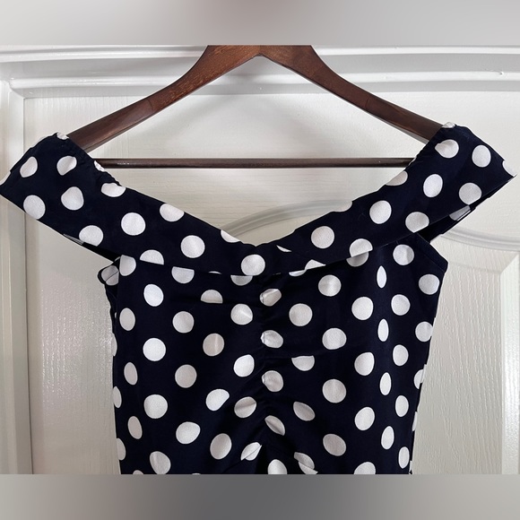 Revolve Navy Polka Dot Off the Shoulder Dress - Picture 3 of 5